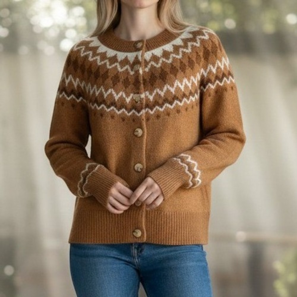 Talbots Cardigan XS Brown EXCELLENT Fair Isle Wool Blend Button Front Sweater